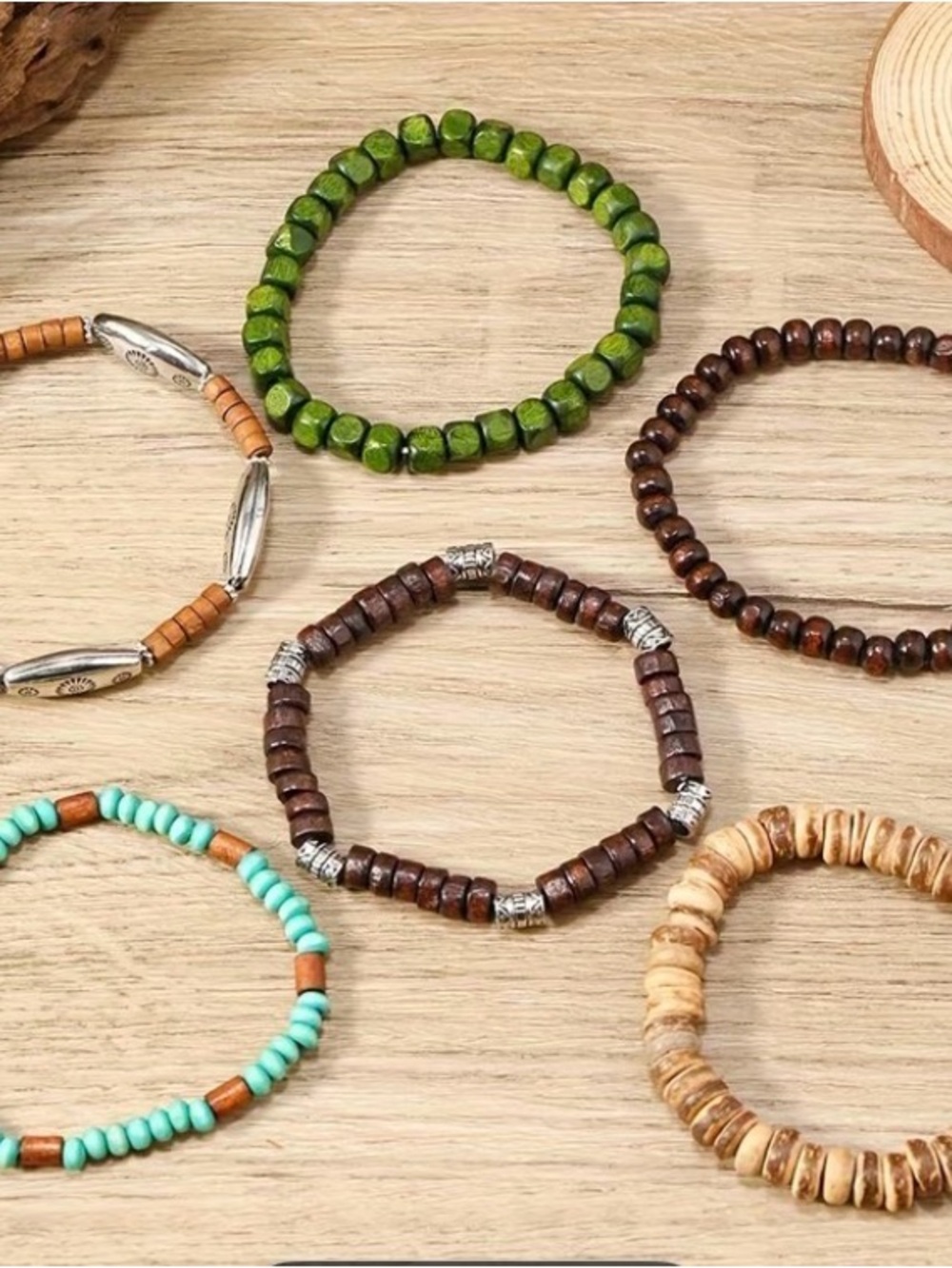 Handmade Mixed-Bead Stackable Bracelet Set - Turquoise, Green, Brown - Picture 4 of 5
